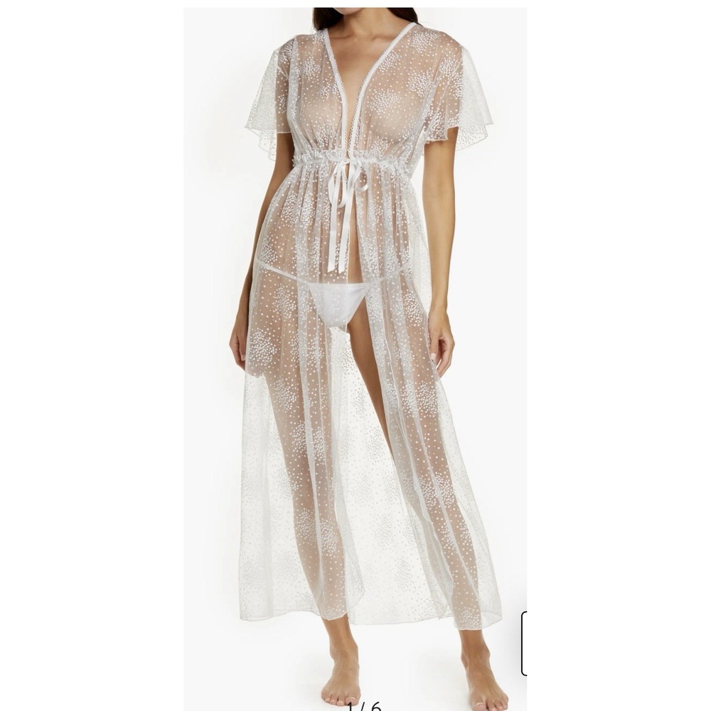 Coquette Lingerie Sheer Flower Dotted Flutter‎ Long Robe Kimono One Size Sheer